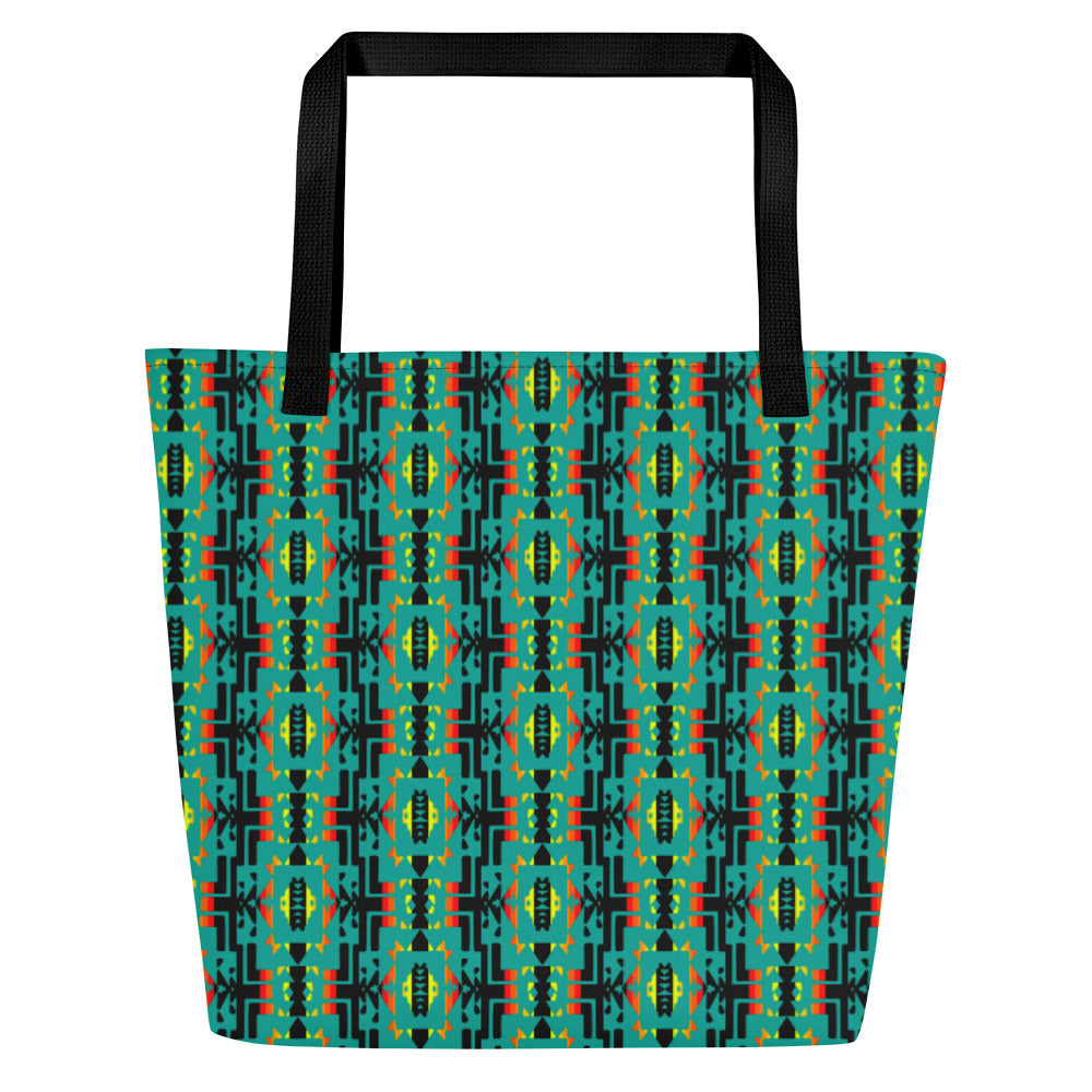 Turquoise / Fire Color Native Blanket Print All-Over Print Large Tote Bag