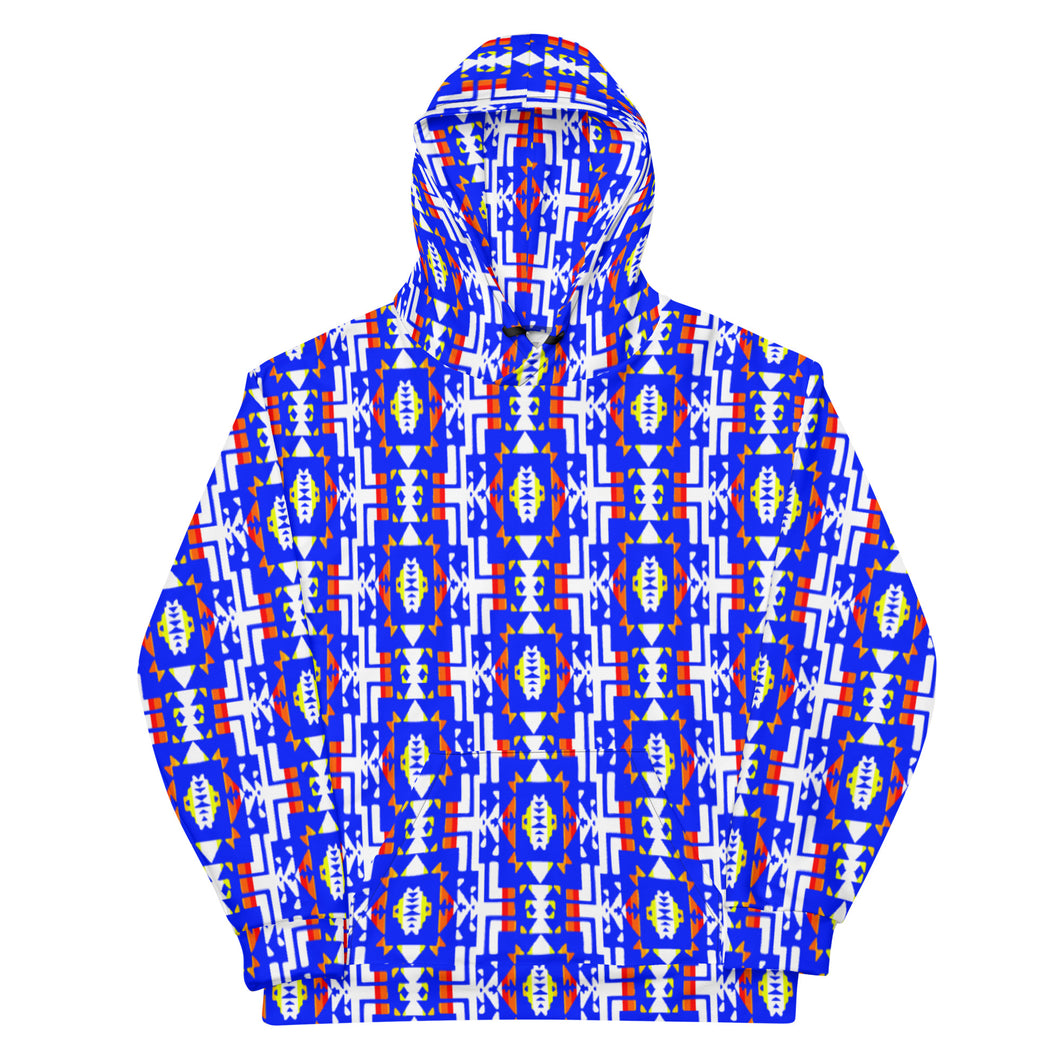 Bright Blue / Fire Color/ White Native Blanket Print Unisex Hoodie