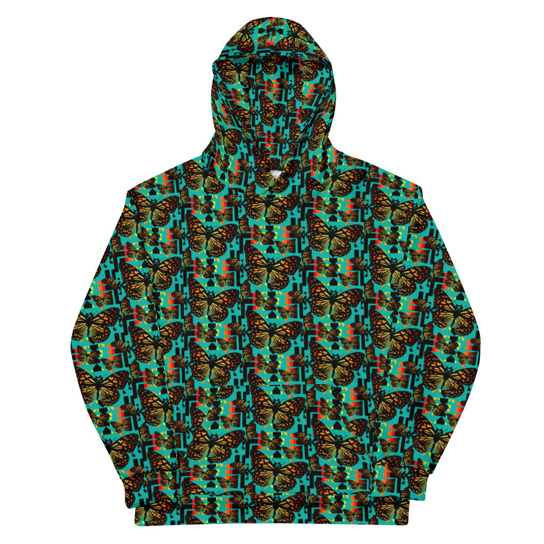 Teal Fire Butterfly Native Blanket Print Unisex Hoodie