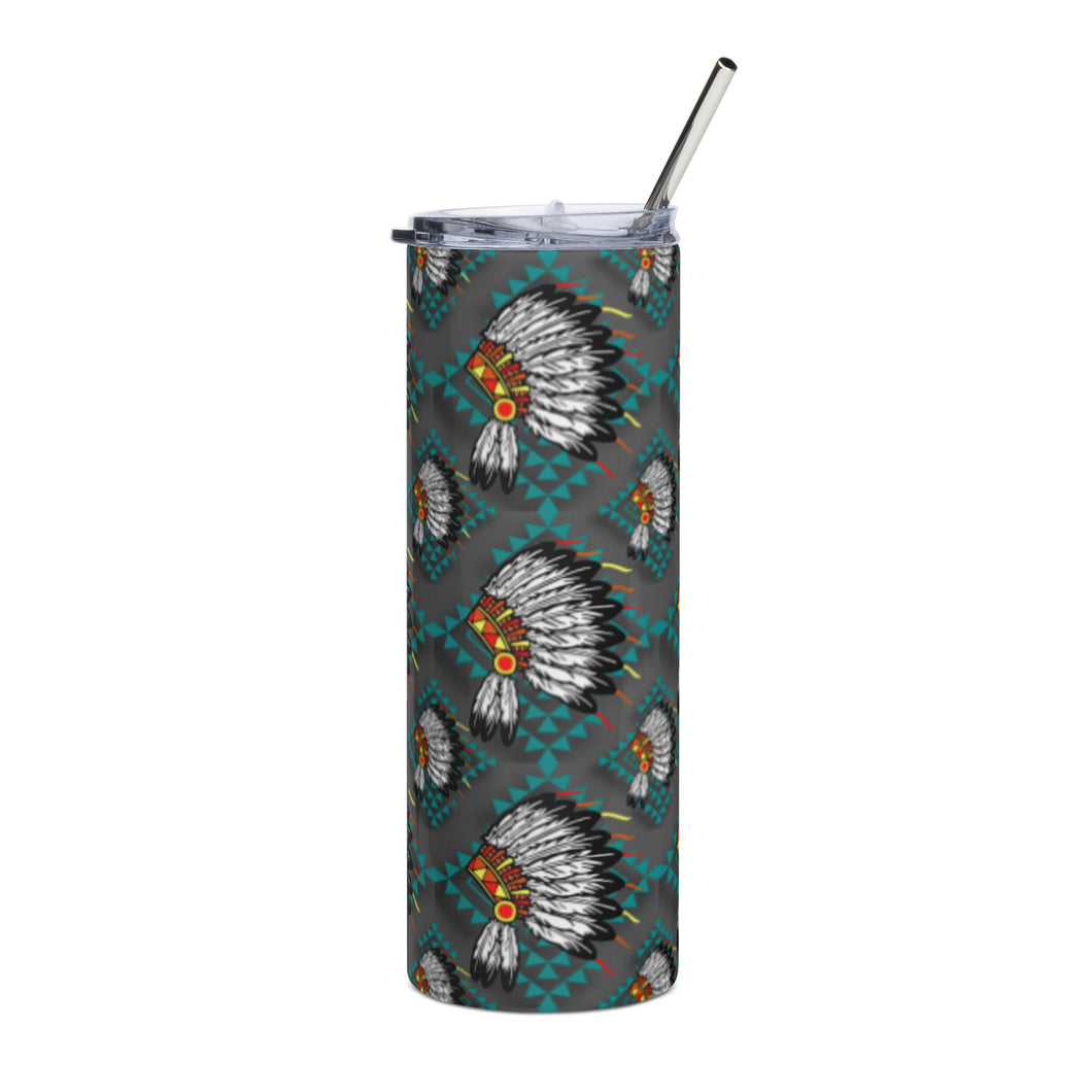 Grey / Teal Native Headdress PrintStainless steel tumbler