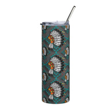 Load image into Gallery viewer, Grey / Teal Native Headdress PrintStainless steel tumbler
